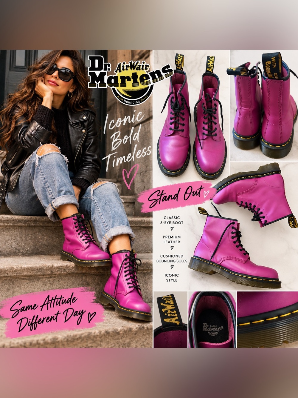 Dr. Martens Women’s 8-Eye Leather Lace-Up Boots — Pink